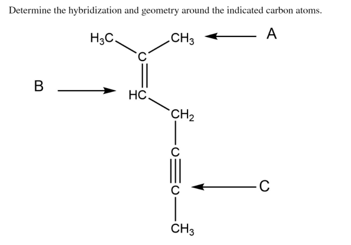 Determine the hybridization and geometry around the indicated carbon atoms
